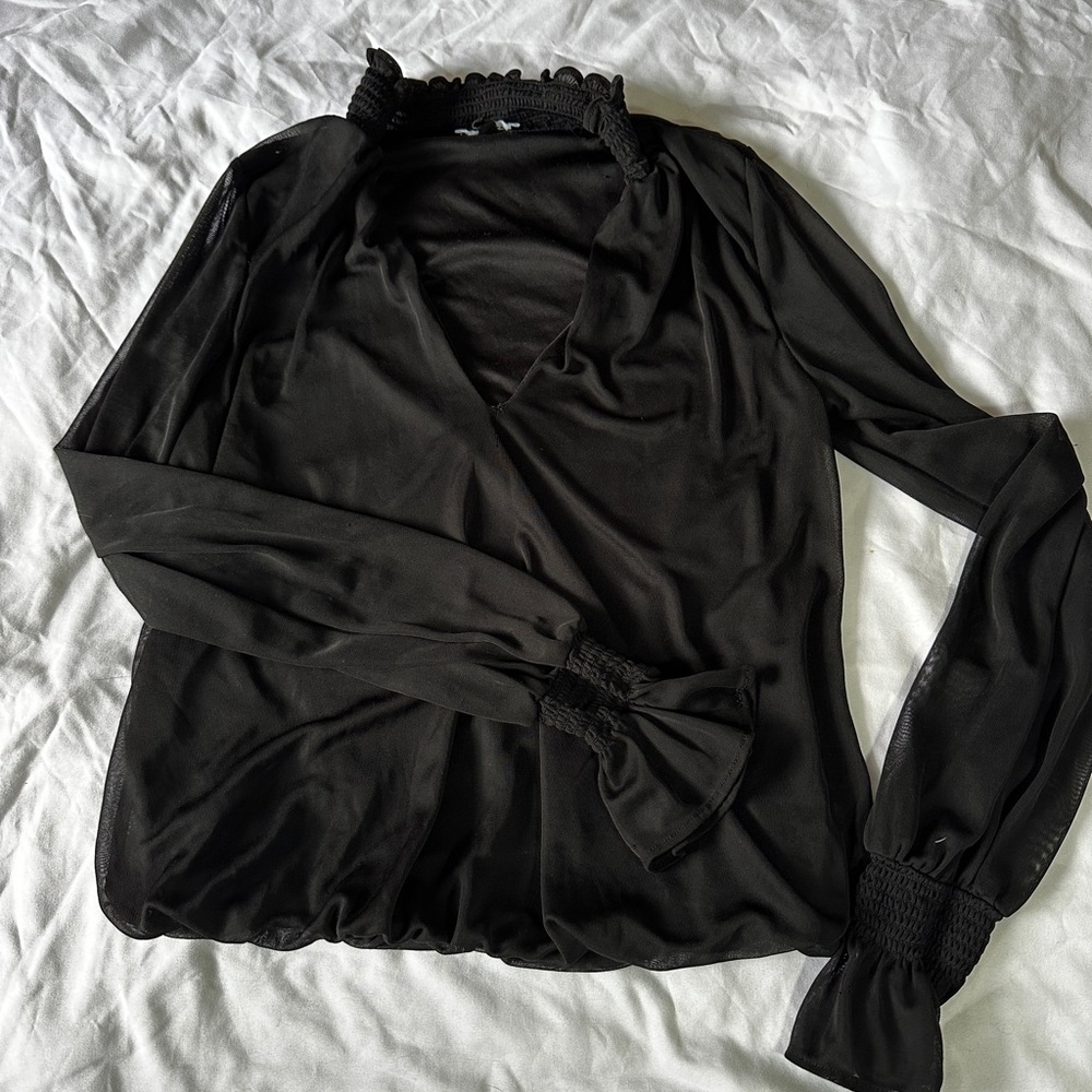 Black mesh long sleeve top with ruffle details #work #office